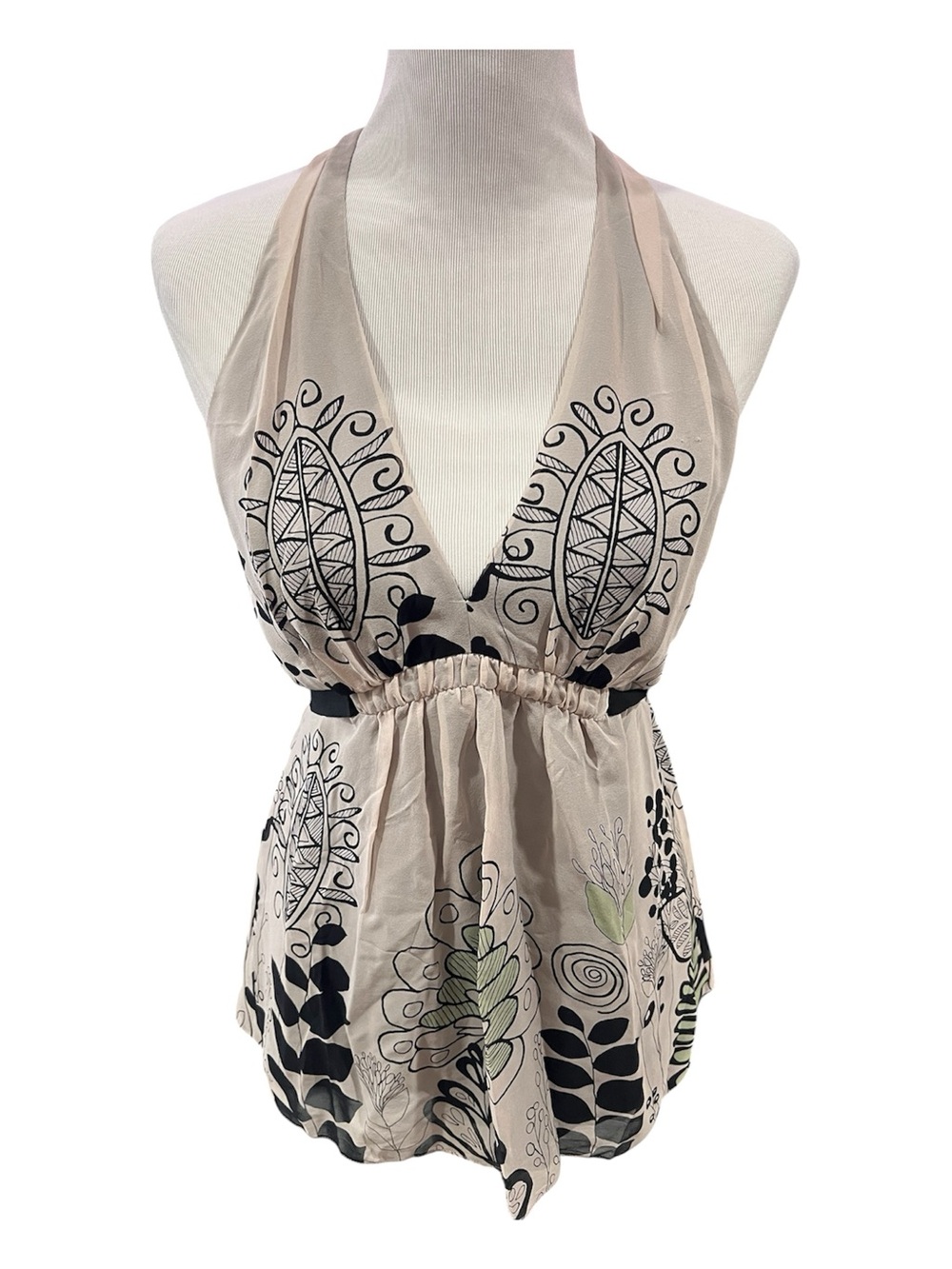 BCBG MaxAzria Silk Y2K Graphic Print Backless Halter Top Size Medium